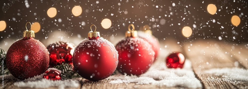 Festive Red Ornaments with Snow on Wooden Table Festive Red Ornaments with Snow on Wooden Table