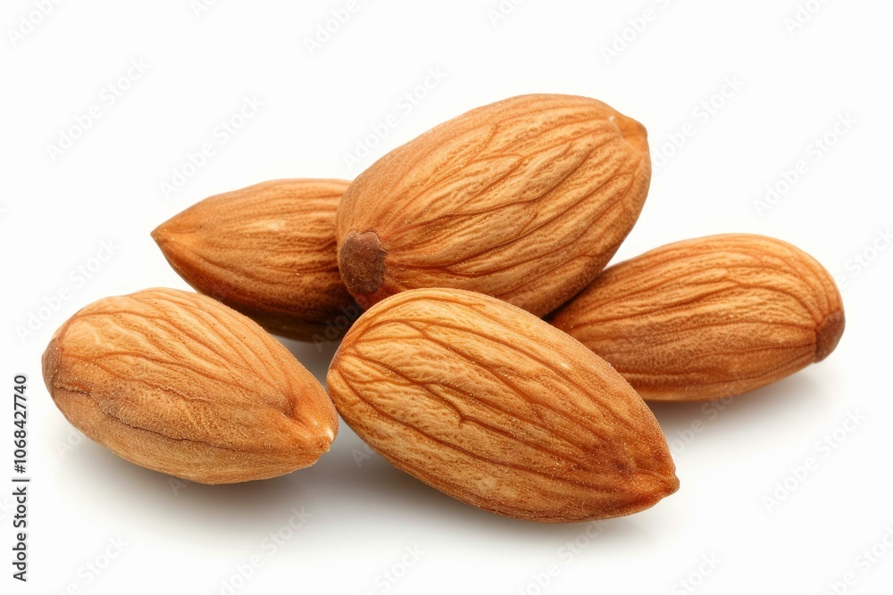 Close up of five almond nuts isolated on white Close up of five almond nuts isolated on white