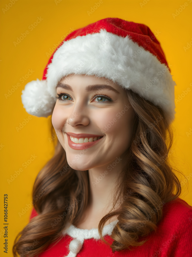 Capture the festive joy with a stunning and happy woman in red Santa Claus hat in yellow background. Celebrate Christmas time with positive vibes and cheerful memories. Generative AI Capture the festive joy with a stunning and happy woman in red Santa Claus hat in yellow background. Celebrate Christmas time with positive vibes and cheerful memories. Generative AI