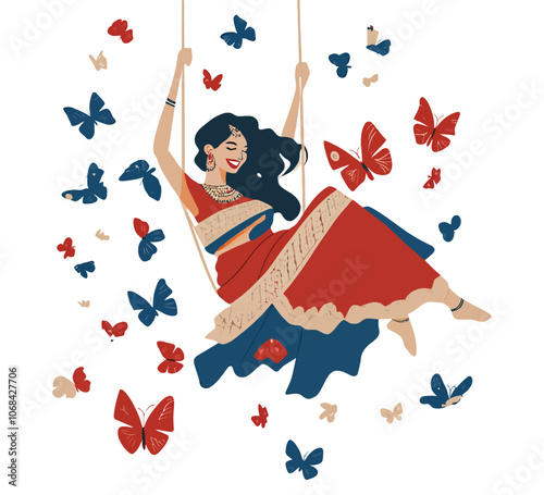 Smiling Indian Woman Swinging Outdoors with Butterflies, Flat Vector Illustration