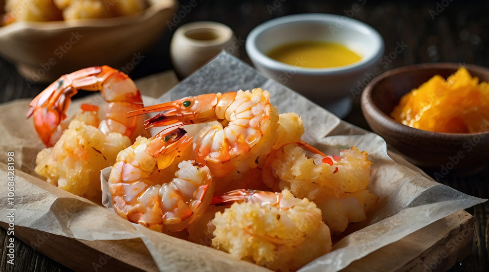 Frozen shrimp tempura with a light and crispy batter seafood spicy seasoning brown paper wrapping close-up food photography Frozen shrimp tempura with a light and crispy batter seafood spicy seasoning brown paper wrapping close-up food photography