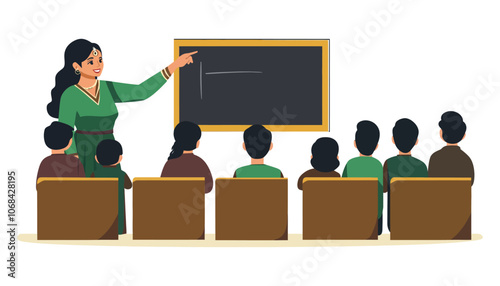 Indian Teacher Conducting Classroom Lesson with Students, Flat Vector Illustration