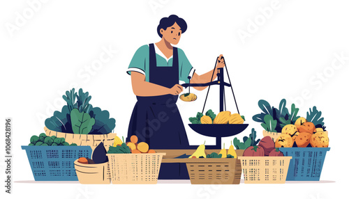 Traditional Market Fruit Vendor Weighing Fresh Produce, Flat Illustration Style