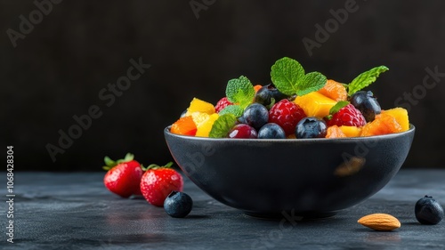 Vibrant bowl of fresh fruit and nuts, a nutritious and delicious snack choice for a healthy lifestyle.