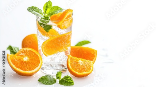 Refreshing vitamin water infused with orange and mint, set against a clean white background, perfect for highlighting the vibrant colors and freshness of vitamin water. photo