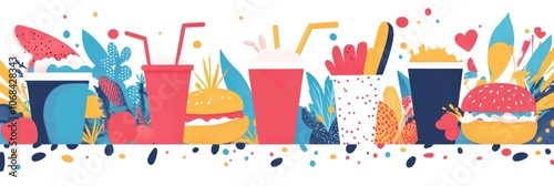 Colorful illustration of drinks and snacks, emphasizing fun and leisure.