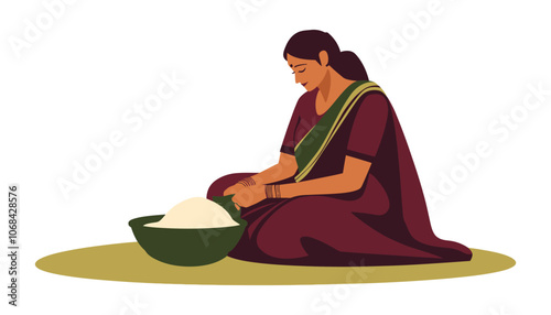 Indian Woman in Traditional Attire Doing Household Chores, Cultural Flat Illustration