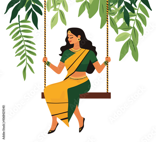 Cultural Illustration of Indian Woman in Yellow Sari Swinging Amidst Leafy Surroundings