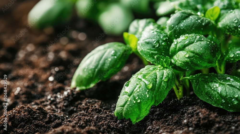 Basil seedlings with water droplets resting on rich soil create a fresh and vibrant scene, perfect for emphasizing growth and nature. Ideal for designs needing a photo with copy space.