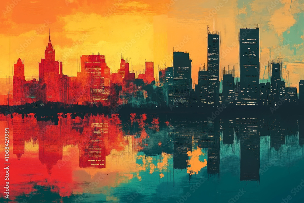 A painting of a city skyline at sunset with a reflection in the water A painting of a city skyline at sunset with a reflection in the water