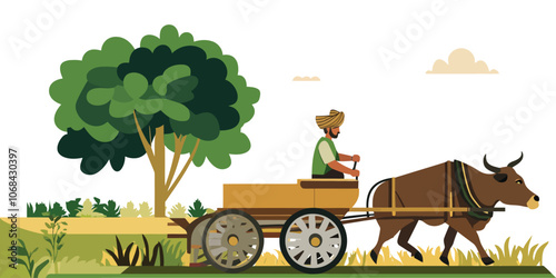 Illustration of Bullock Cart in Rural Setting, Representing Village and Farm Life
