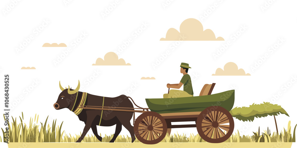 Fototapeta Traditional Bullock Cart Ride Through Fields, Flat Vector Illustration of Rural Life