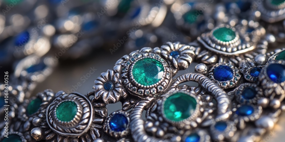 Elaborate silver jewelry featuring vibrant emeralds and brilliant blue gemstones, creating a stunning and intricate design that truly stands out.
