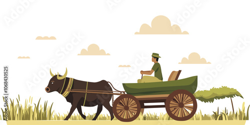 Traditional Bullock Cart Ride Through Fields, Flat Vector Illustration of Rural Life