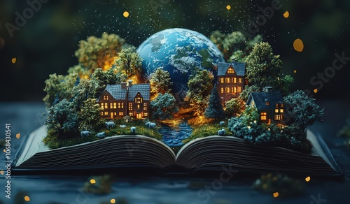 An open book with the Earth planet and various trees, buildings, water, and animals inside it on a dark background. Concept of the educational world and knowledge for children. 