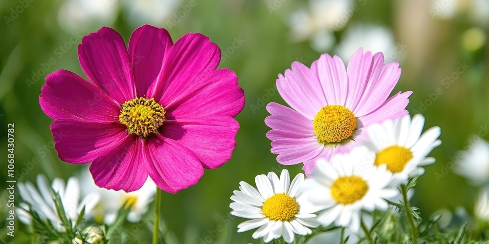 Obraz premium Vibrant pink cosmos blossoms alongside delicate white daisies. The petals of these flowers are highlighted with a soft focus, illuminated by warm, gentle light tones.