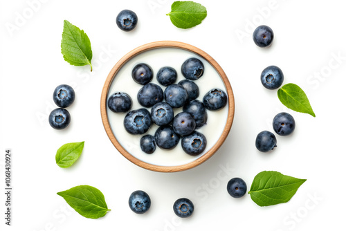 Bowl of creamy yogurt with fresh blueberries and mint leaves isolated on white background.