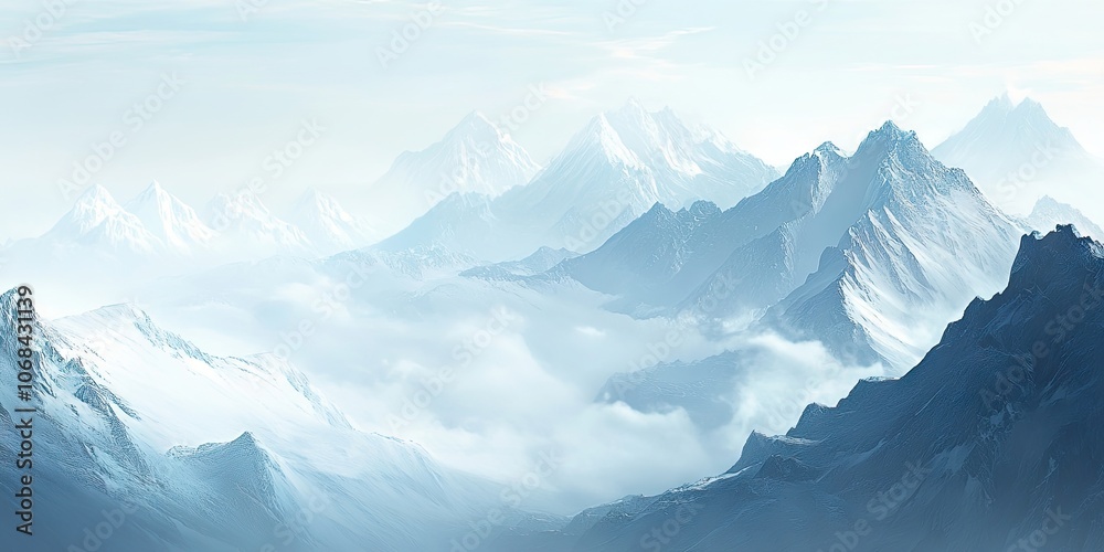 A detailed close up of a frosty mountain summit in the natural world, featuring a calm landscape with far off snowy peaks shrouded in mist, showcasing breathtaking mountain scenery. A detailed close up of a frosty mountain summit in the natural world, featuring a calm landscape with far off snowy peaks shrouded in mist, showcasing breathtaking mountain scenery.