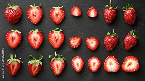 Collage of red strawberries in different presentations, including fresh and sliced, with ample space for your creative projects. Red strawberries highlighted in diverse forms. photo