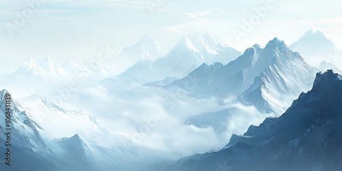 Wallpaper Mural A detailed close up of a frosty mountain summit in the natural world, featuring a calm landscape with far off snowy peaks shrouded in mist, showcasing breathtaking mountain scenery. Torontodigital.ca