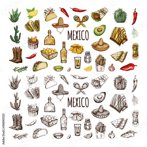 Hand-drawn colored and monochrome set of realistic mexican elements. Vintage sketch drawings of Latin American culture. Vector ink illustration. Mexican culture. Latin America.