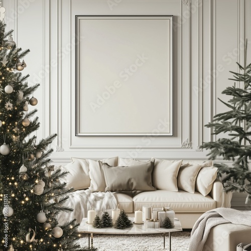 Blank poster in thin frame mockup. Empty frame on wall in light modern living room interior, decorated Christmas tree. Vertical artwork template, winter holiday designs place here photo