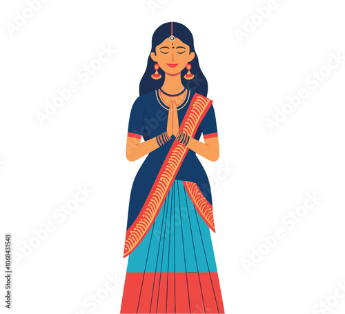 Indian Woman in Sari with Namaste Gesture, Symbolizing Respect and Tradition