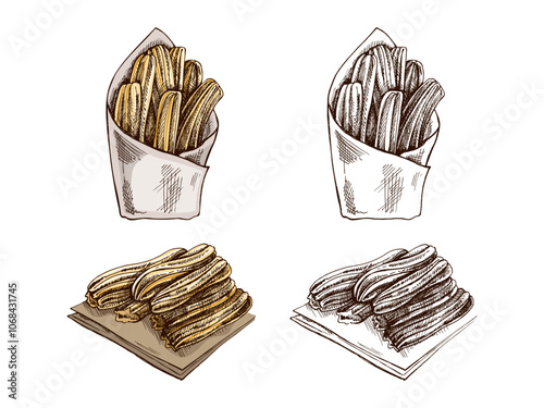 Hand-drawn colored and monochrome set of churos in sketch style. Vintage drawing of Mexican dessert. Vector black ink outline food illustration. Mexican food, cuisine. An illustration for the menu. 