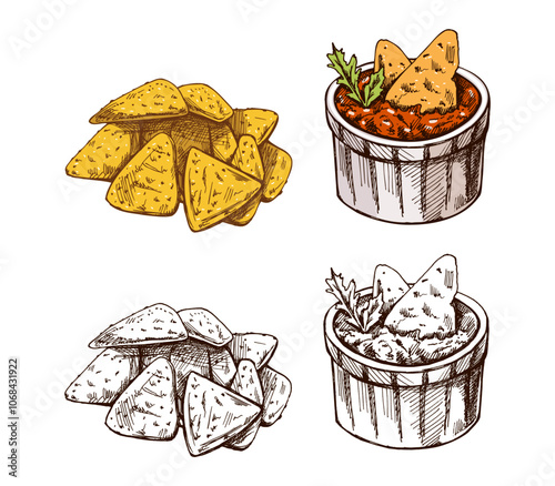 Hand-drawn colored and monochrome sketches of bowl with guacamole, nachos and parsley leaves with a handful of nachos. Vintage drawing. Vector food sketch illustration. Illustration for menu. 