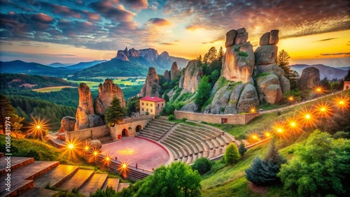 Stunning Bokeh Effect at the Open-Air Theater in Belogradchik, Bulgaria Surrounded by Majestic Rock Formations and Lush Greenery, Capturing the Essence of Nature and Culture