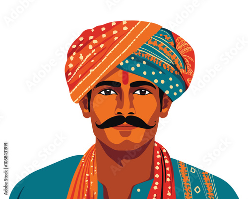 Traditional Rajasthani Man with Turban and Mustache, Flat Vector Illustration