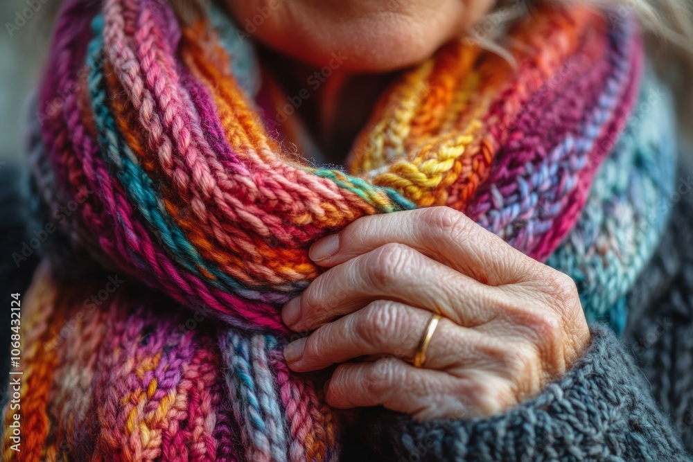 Embracing Warmth: A Close-Up of a Colorful Knit Scarf Wrapped Around a Person's Neck, Showcasing Intricate Patterns and Soft Textures During a Cozy Moment Embracing Warmth: A Close-Up of a Colorful Knit Scarf Wrapped Around a Person's Neck, Showcasing Intricate Patterns and Soft Textures During a Cozy Moment