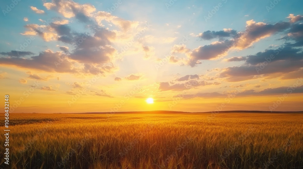 Vast field at sunset with beautiful clouds providing a stunning backdrop, capturing the serene beauty of nature in a tranquil setting, ideal for your creative projects. Vast field at sunset with beautiful clouds providing a stunning backdrop, capturing the serene beauty of nature in a tranquil setting, ideal for your creative projects.
