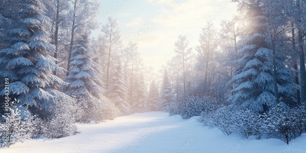 Obraz premium Blank space available for text within a wintery forest covered in snow, providing an ideal setting for winter themed messages or captions.