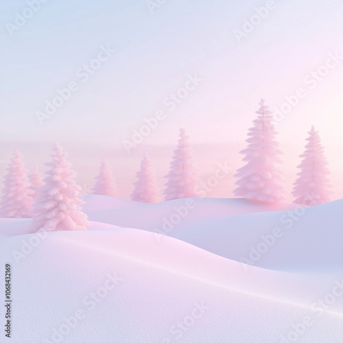 winter forest in snow-capped mountains in soft and delicate  tones of pink and peach