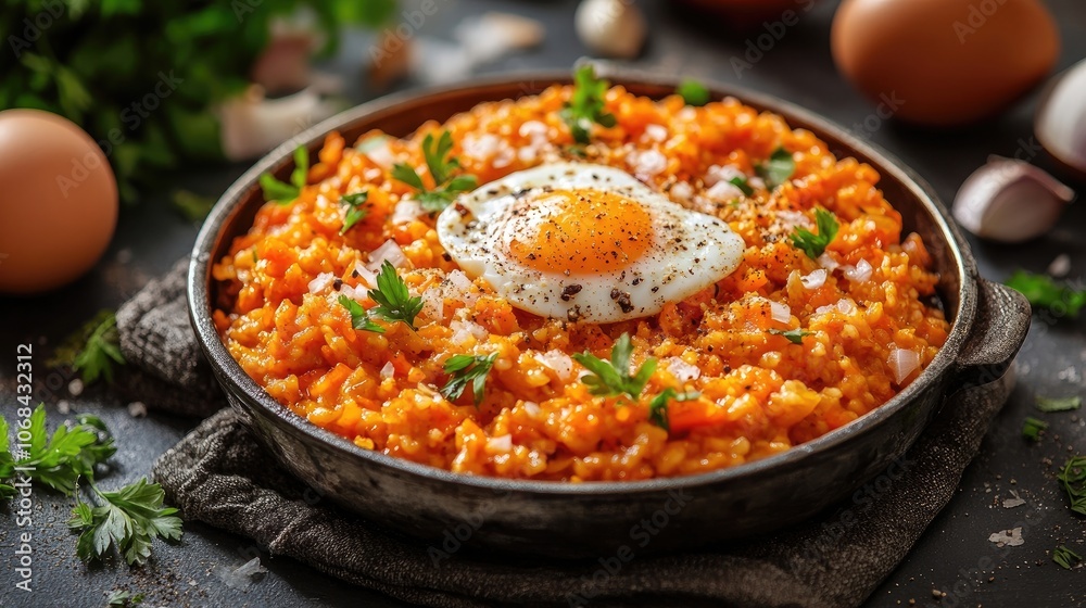 Mishmash porridge prepared with carrot, onion, egg, and spices served in a metal plate. This vegetarian food represents a delicious ready meal, with ample copy space for text. Mishmash porridge prepared with carrot, onion, egg, and spices served in a metal plate. This vegetarian food represents a delicious ready meal, with ample copy space for text.