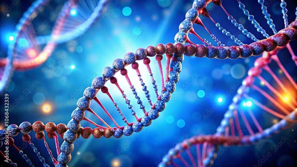 Stunning Close-Up of a DNA Strand in a Bright Blue Background with Left Positioning and Ample Copy Space for Scientific and Educational Use