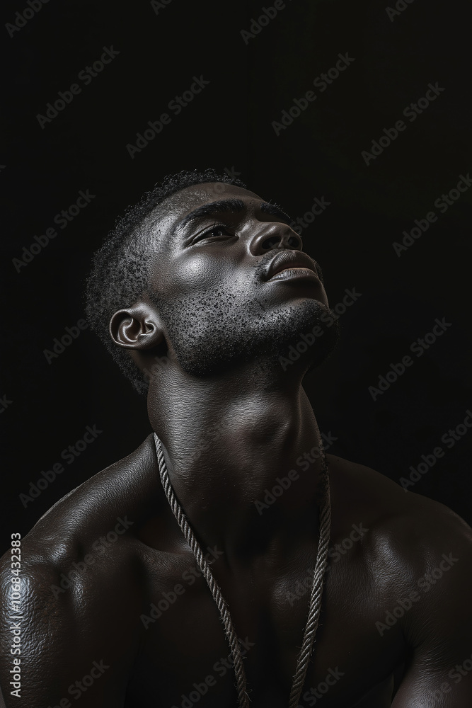 A shirtless man with a chain around his neck A shirtless man with a chain around his neck