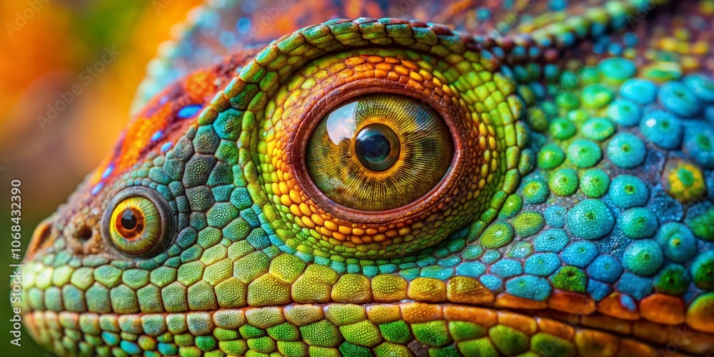 Obraz premium Stunning Closeup of a Jackson's Chameleon Lizard Eye Highlighting its Vibrant Colors and Unique Texture, Captured in Macro Photography Using the Rule of Thirds for Enhanced Composition