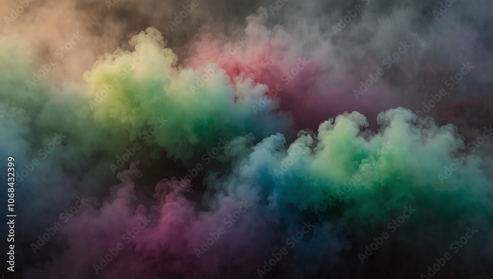colorful background , Colorful smoke clouds in various shades of green, blue, pink, and yellow against a dark background.