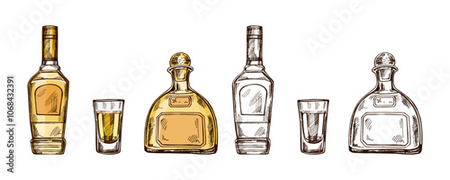 Hand-drawn colored and monochrome bottles of tequila and shot glass with tequila. Design element for the menu of bars and in engraving style. Mexican, Latin America.