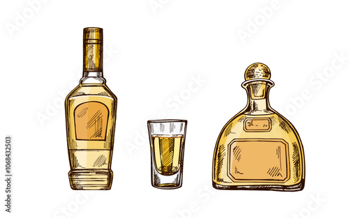 Hand-drawn colored and monochrome bottles of tequila and shot glass with tequila. Design element for the menu of bars and in engraving style. Mexican, Latin America.