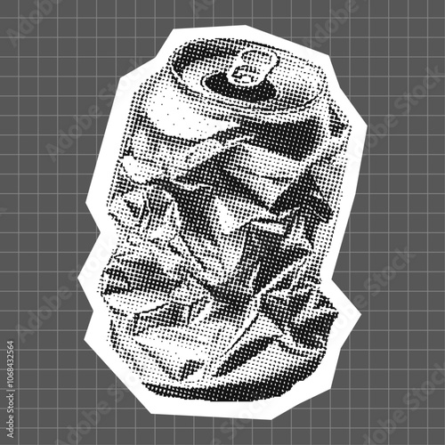 crumpled aluminum can, retro halftone illustration