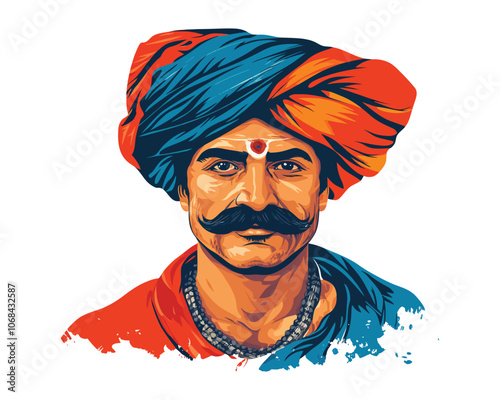 Illustration of Rajasthani Man in Traditional Dress, Indian Folk and Cultural Art