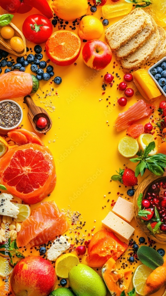 Fototapeta premium A vibrant arrangement of various foods surrounding an empty center on a yellow background.