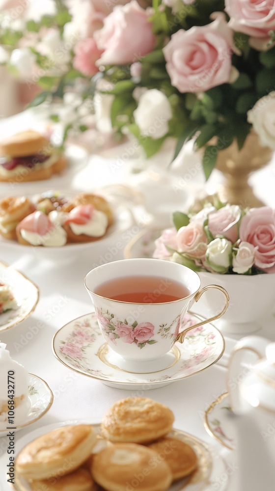 An elegant high tea setup with delicate pastries finger sandwiches and tea cups on a white tablecloth creating a luxurious dining atmosphere with side empty space for text Stockphoto style An elegant high tea setup with delicate pastries finger sandwiches and tea cups on a white tablecloth creating a luxurious dining atmosphere with side empty space for text Stockphoto style