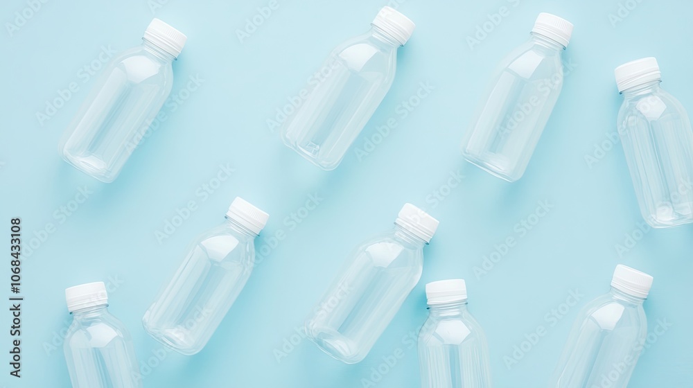 White plastic bottles with screw caps arranged on a light blue background. These plastic bottles are ideal for presenting secure deposit options, with ample copy space. Top view, flat lay.
