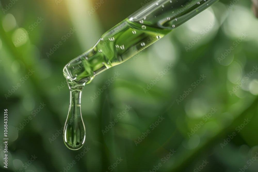 Glass pipette dripping liquid with a green background suggesting cbd oil or other natural remedies Glass pipette dripping liquid with a green background suggesting cbd oil or other natural remedies