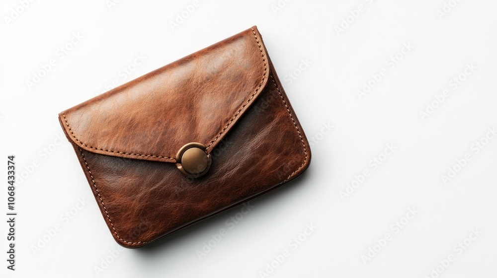 Stylish small brown leather purse positioned on a clean white background, perfect for highlighting the elegant design of the brown leather purse with ample copy space. Stylish small brown leather purse positioned on a clean white background, perfect for highlighting the elegant design of the brown leather purse with ample copy space.