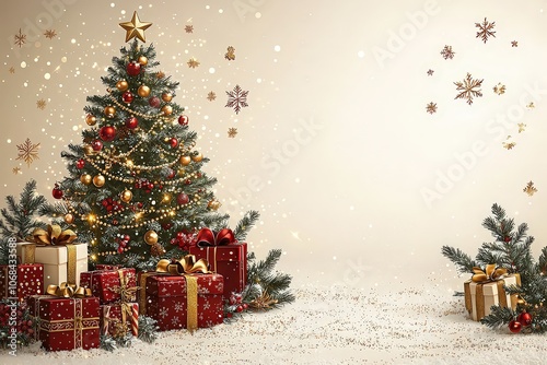 Christmas card design, with a Christmas tree and gifts on the left side of the frame, surrounded by a gold border. 